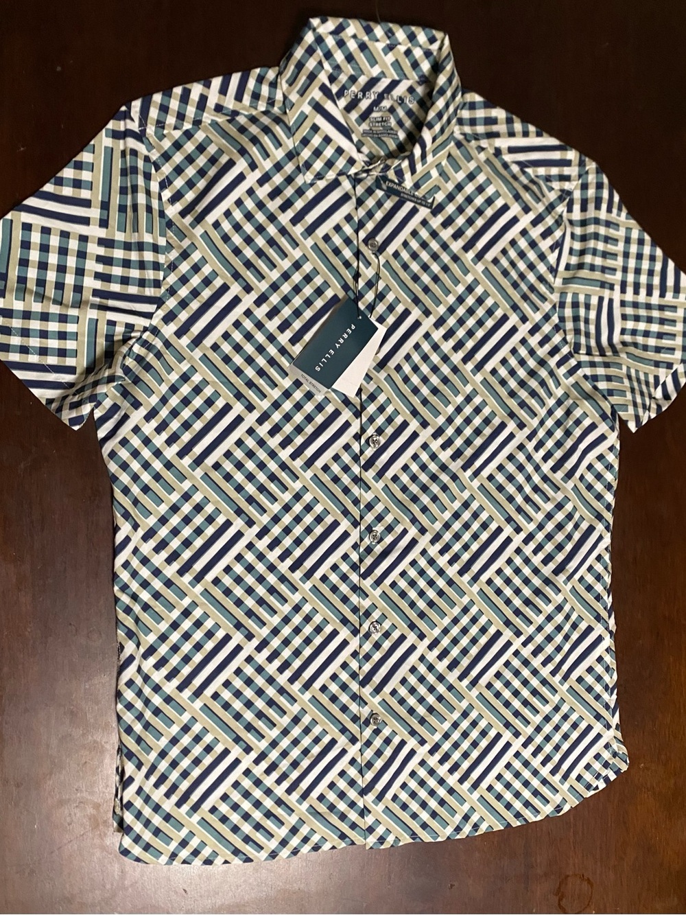 Perry Ellis Short-Sleeve Geometric Check Shirt - Blue, Green, White Medium NWT